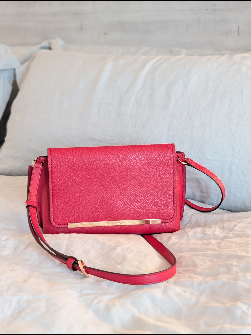 Michael Kors Cherry Red Leather Flap Bag Adjustable Crossbody NWOT GOLD HARDWARE